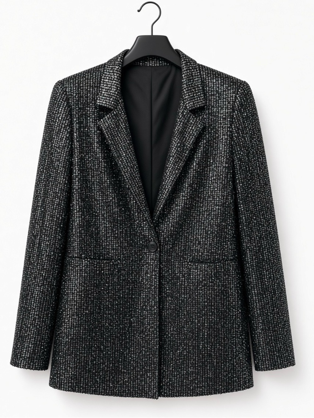 Black Silver Sequin Blazer Sparkle Party Jacket Single Button Holiday NYE